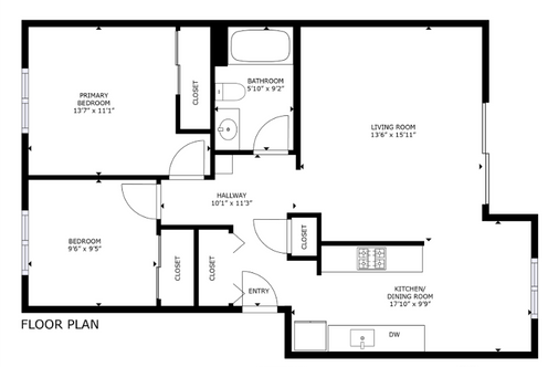 Floor plan of an apartment layout; includes rooms like bedroom, kitchen, bathroom, living room.