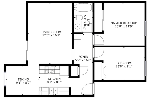 Floor plan of an apartment, showing the layout of rooms, including the kitchen, living room, and bedrooms.