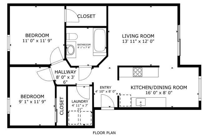 Floor plan of a two-bedroom apartment, showing rooms and dimensions.