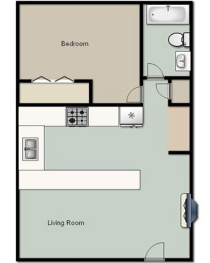 Floor plan of an apartment with a bedroom, living room, kitchen, and bathroom.