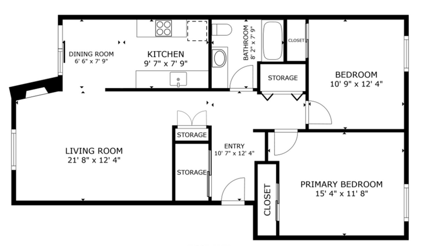 Floor plan of a residence: living room, kitchen, dining room, bedrooms, bathroom, and storage.