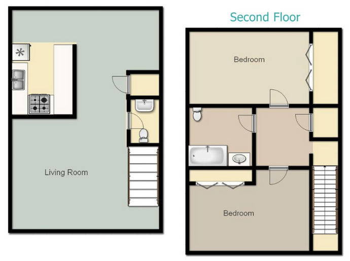 Floor plan of a two-story townhouse with kitchen, living room, two bedrooms, and two bathrooms.