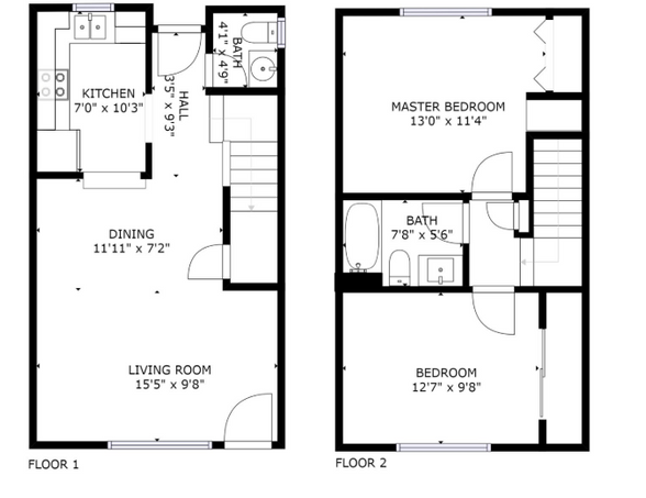 Floor plan of a two-story house with living room, kitchen, dining area, two bedrooms, and a bathroom.