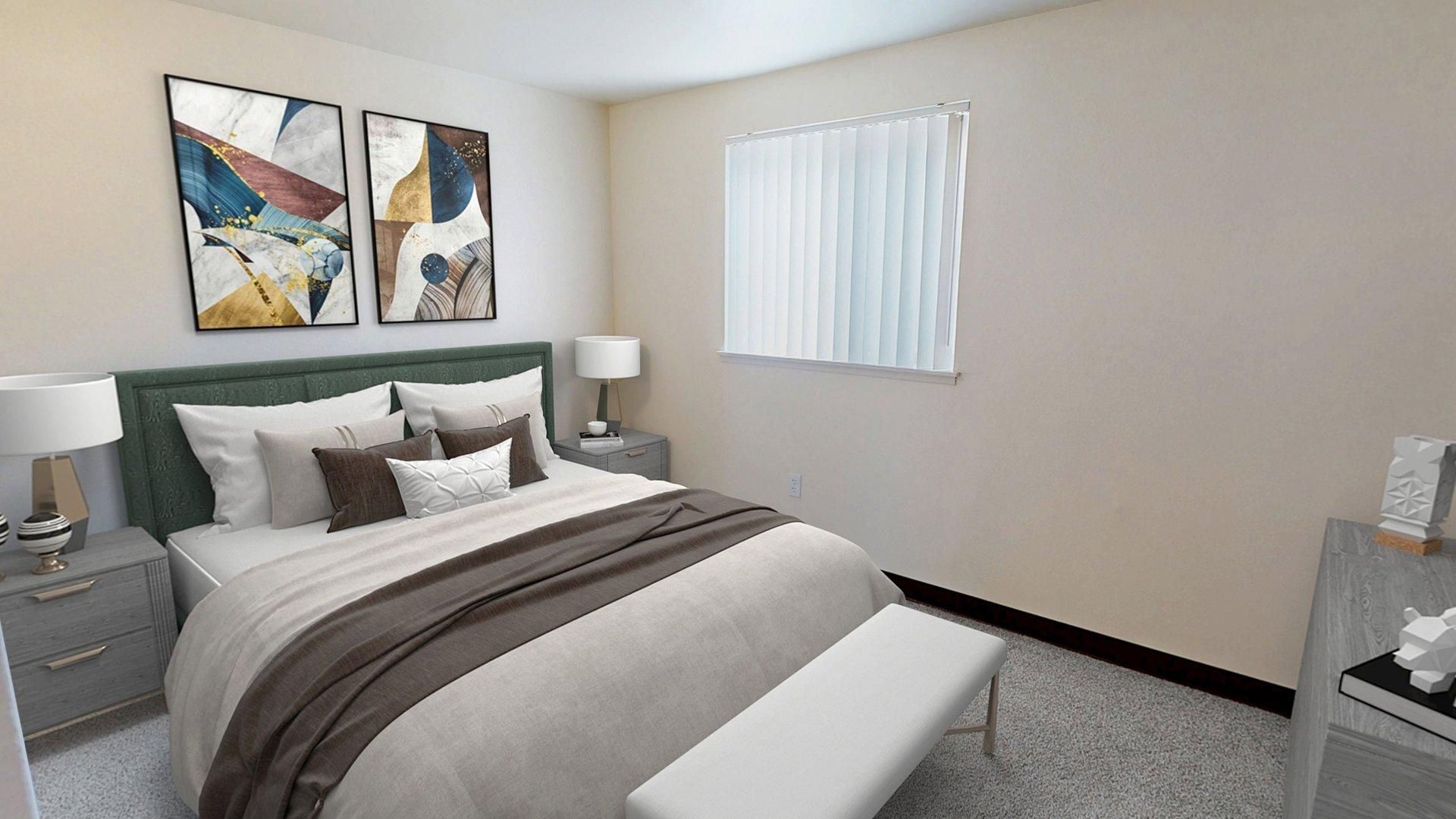 Bedroom with bed, nightstands, artwork, window, and bench. Neutral colors, soft lighting.