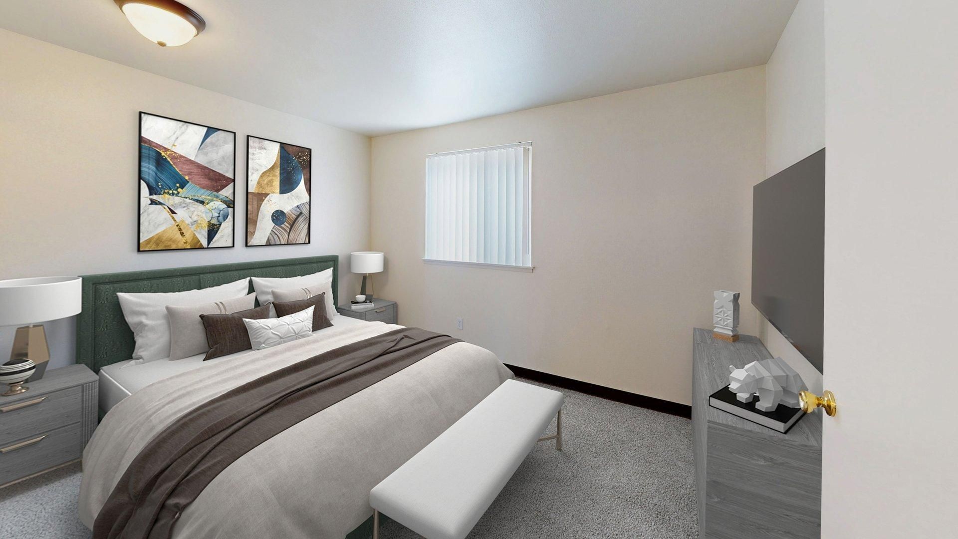 Bedroom with bed, art, nightstands, TV, dresser, window. Light walls, neutral tones.