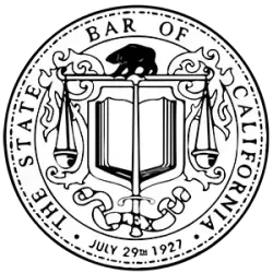 The seal of the bar of california is black and white.