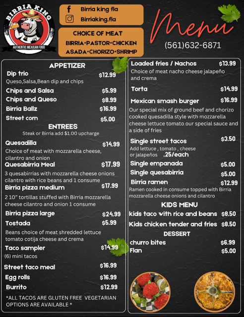 Menu for Birria King, featuring appetizers, entrees, kids menu, and desserts.