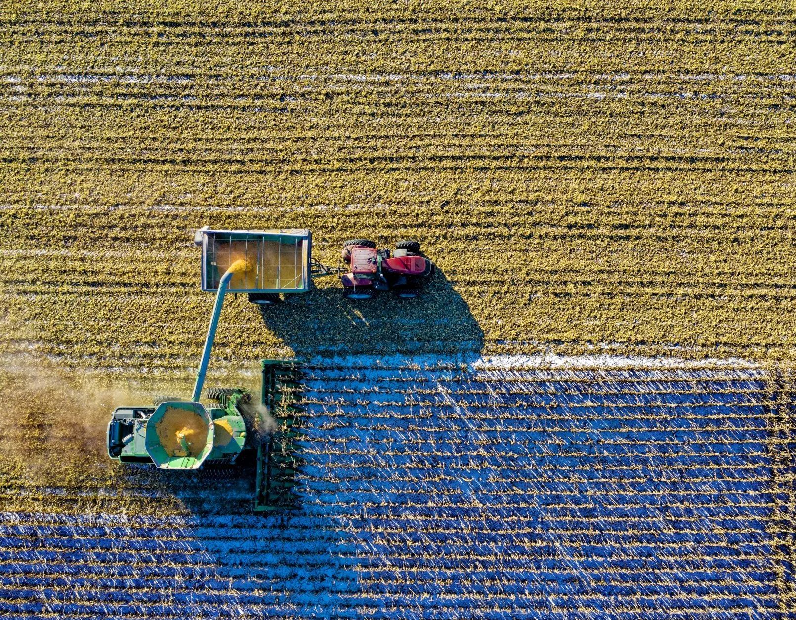 An aerial view of a tractor and a combine harvester in a corn field.