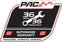 PAC 36/36 Nationally Limited Warranty badge in black, white, and red with stylized car outline