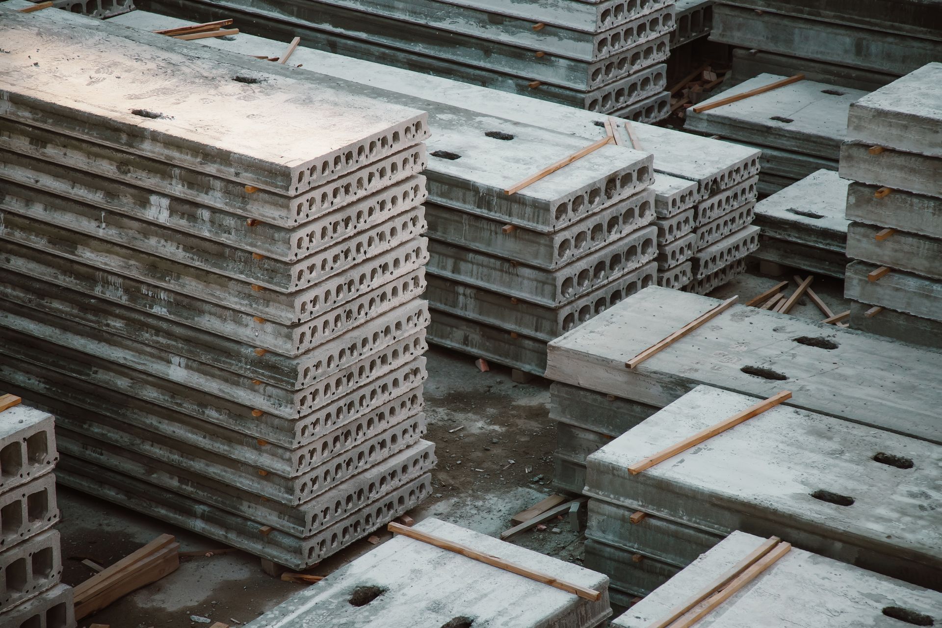 Stacks of precast reinforced concrete.