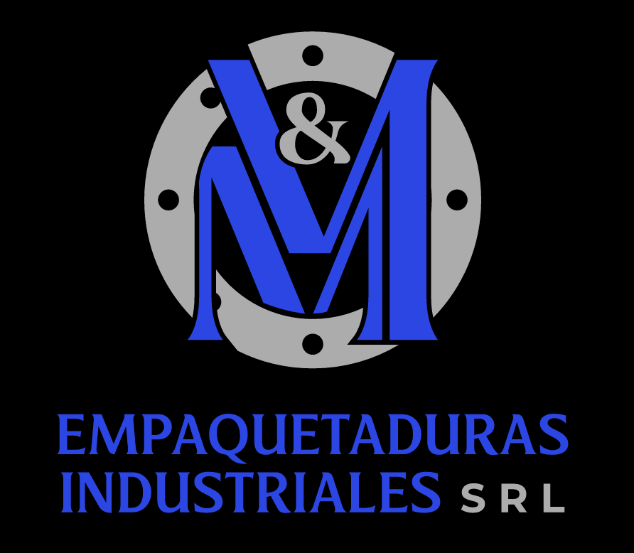 Logo de Empaquetaduras Industriales SRL con letras azules y grises sobre fondo negro.