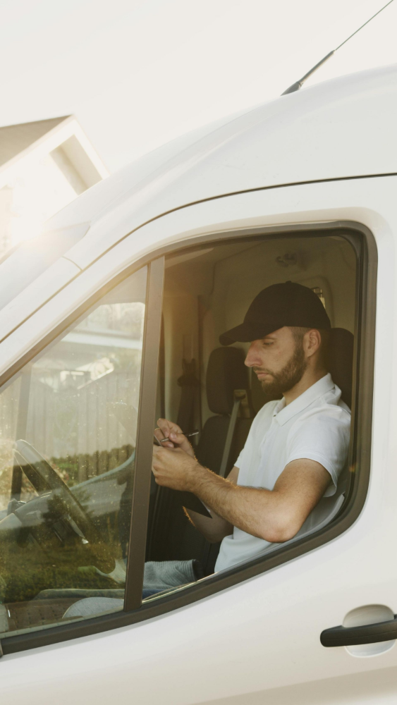 A Delivery Man Is Handing A Box To A Woman — FNQ Freight & Logistics In Portsmith, QLD
