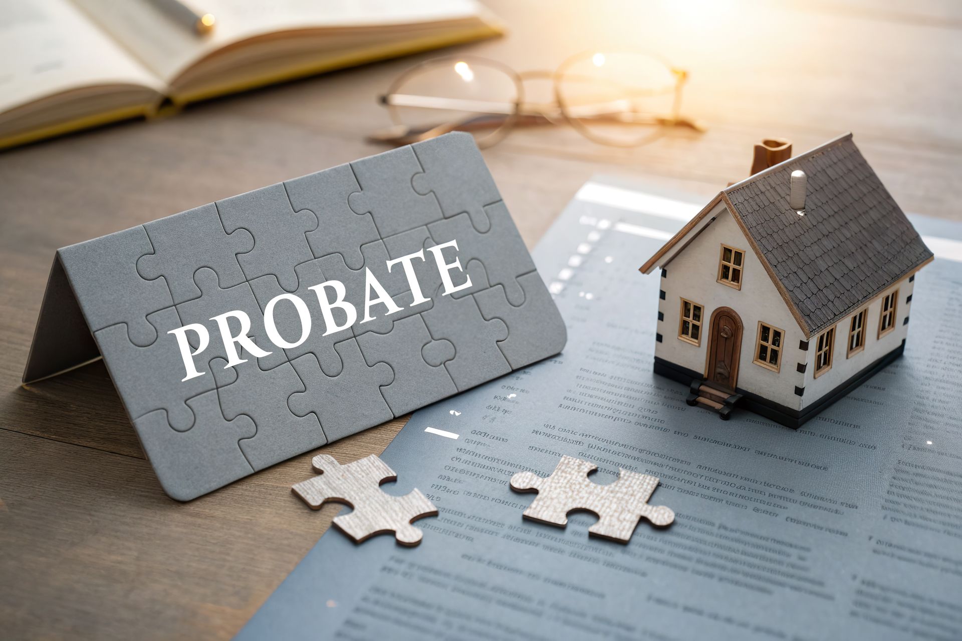 Probate puzzle sign next to house and documents.