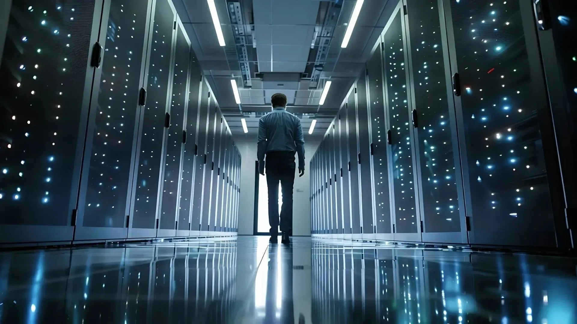 Man walking in a data center, rows of servers with blue lights reflecting on the floor and ceiling.
