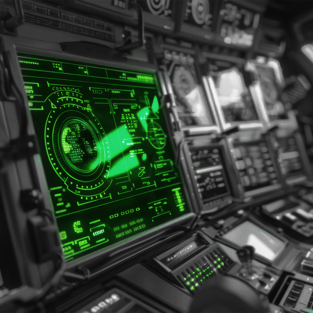 Control panel display showing green radar imagery, in a grayscale cockpit environment.
