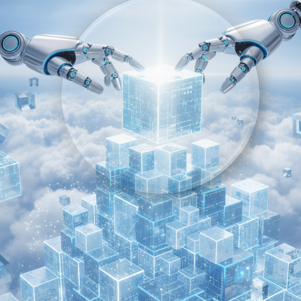 Robotic hands placing a glowing cube atop a structure of interconnected digital cubes against a cloudy sky.