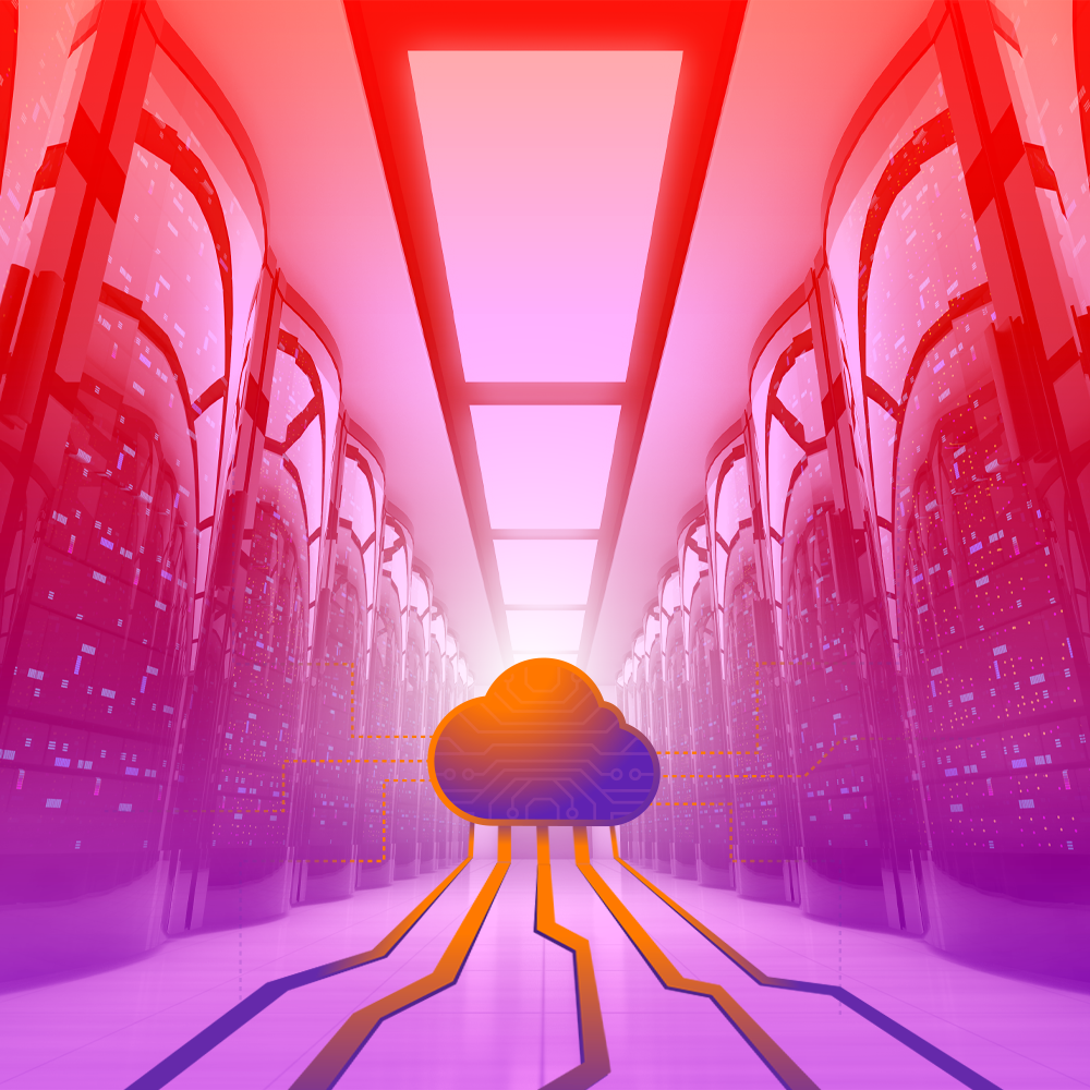 Data center with cloud icon at the end of the aisle, radiating orange and purple hues.