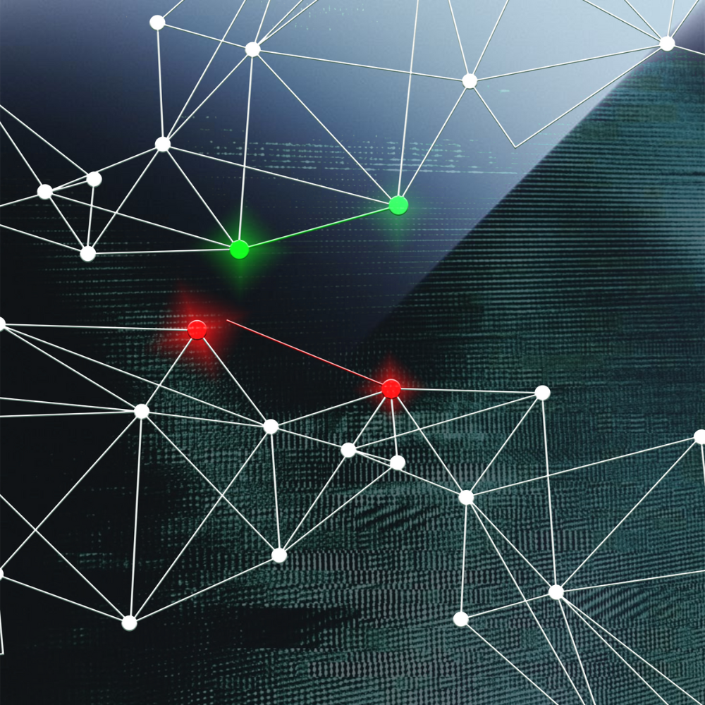 Network of white nodes connected by lines, with two green and two red glowing nodes, set against a dark, textured background.