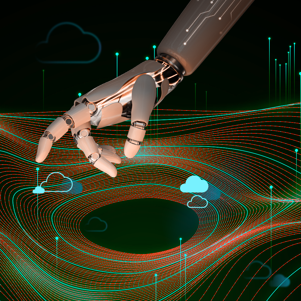 Robotic hand reaching towards cloud icons on a data visualization background, green and orange tones.