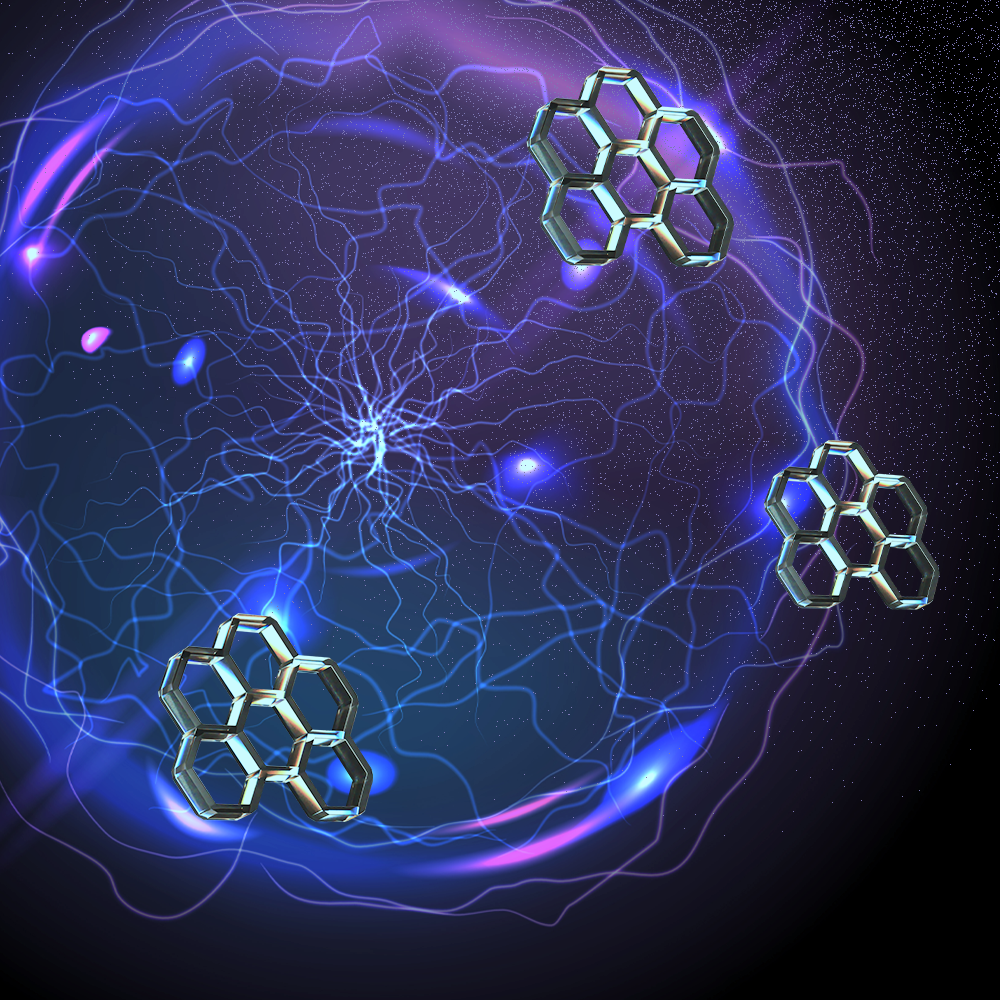 Graphene structures floating in a field of energy. Blue, purple, and white light illuminate the scene.