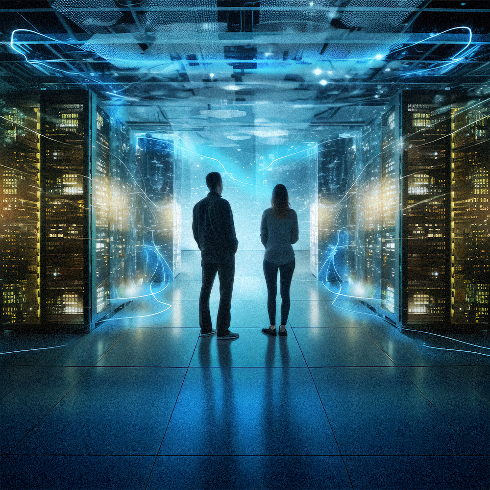 Two people stand in a server room, looking at glowing data streams. Blue and gold tones dominate.