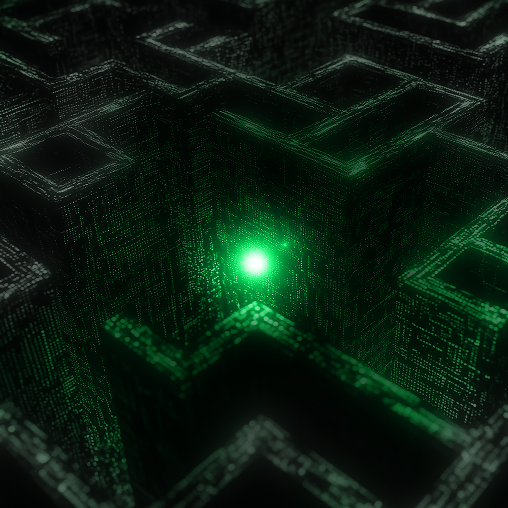 Green glowing light in the center of a maze. Dark background, with a wireframe, green and black geometric structure.