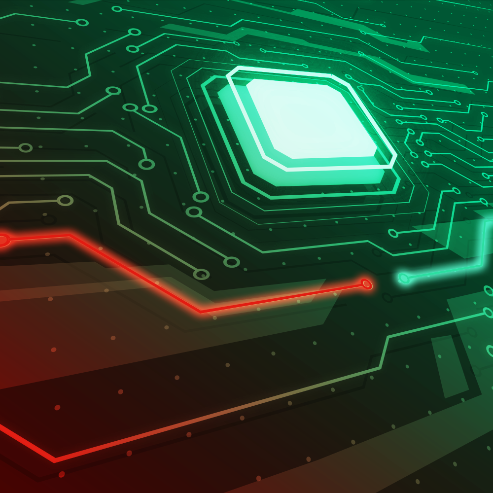 Green and red circuit board with a glowing central component.