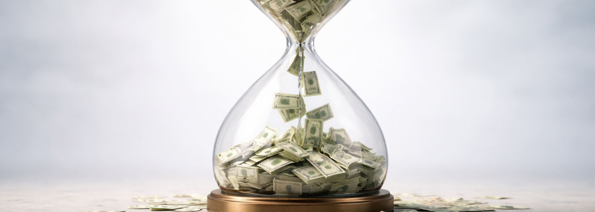 Picture of a hour glass filled with money. 