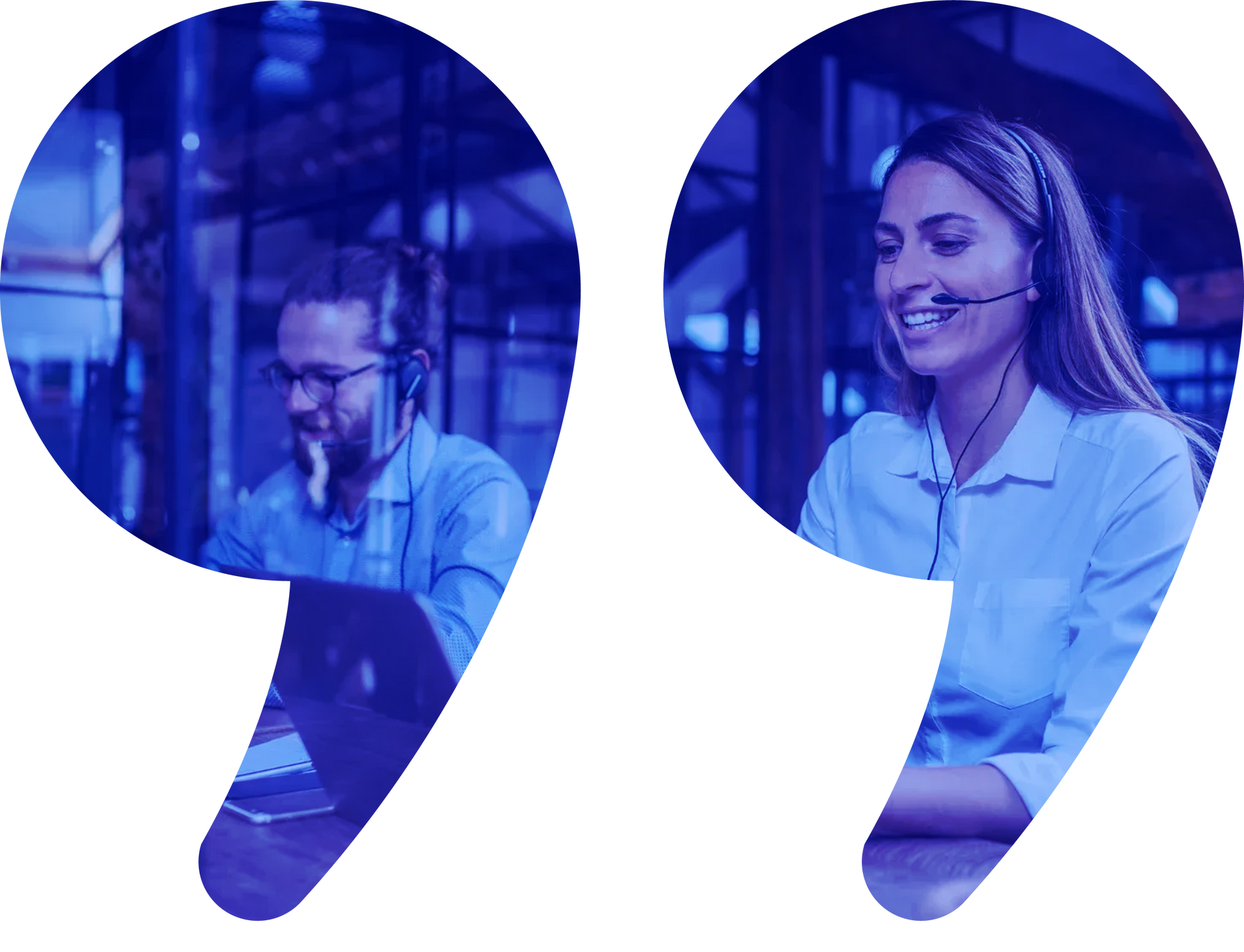 Two people with headsets working in a blue-toned office setting. One is using a laptop, the other smiling.
