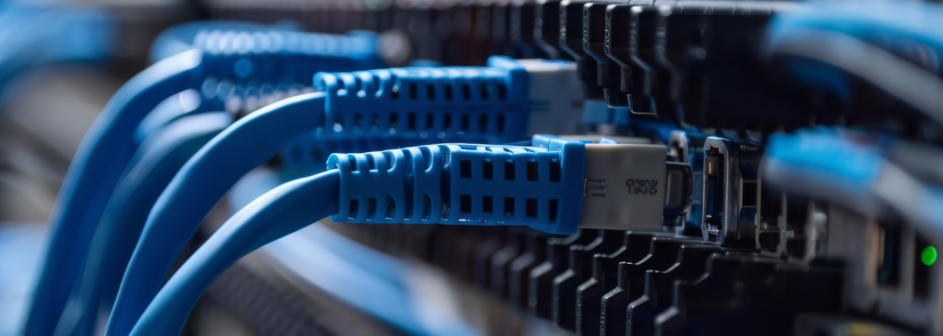 Picture of network cables going into a server system. 