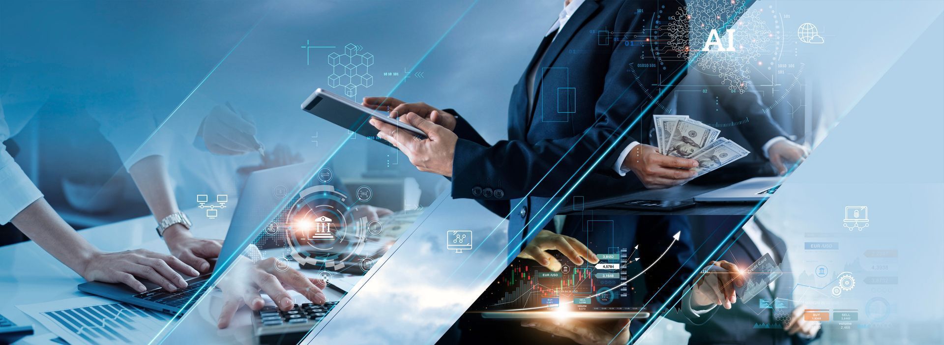 People working with technology and money; business, finance, and investment.