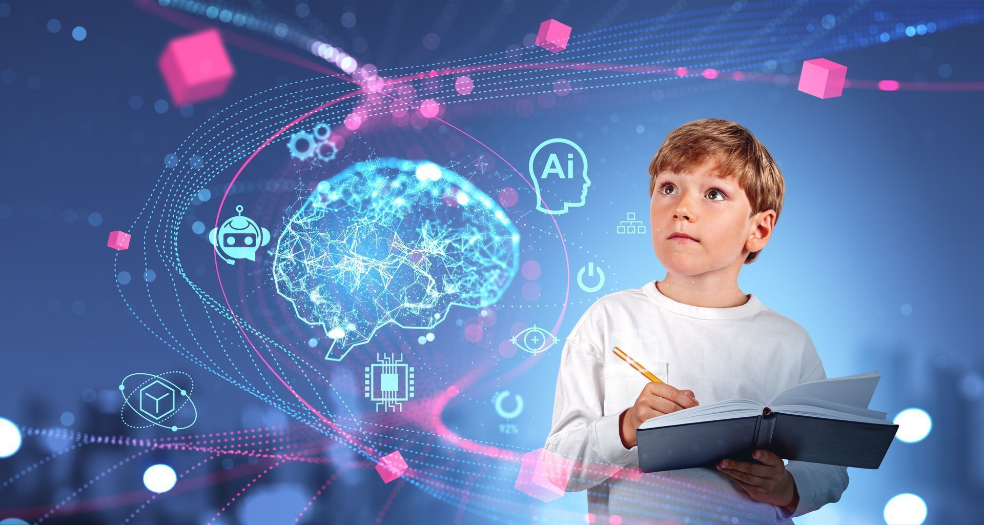 Boy with notebook looks up at glowing brain graphic with AI and tech symbols.