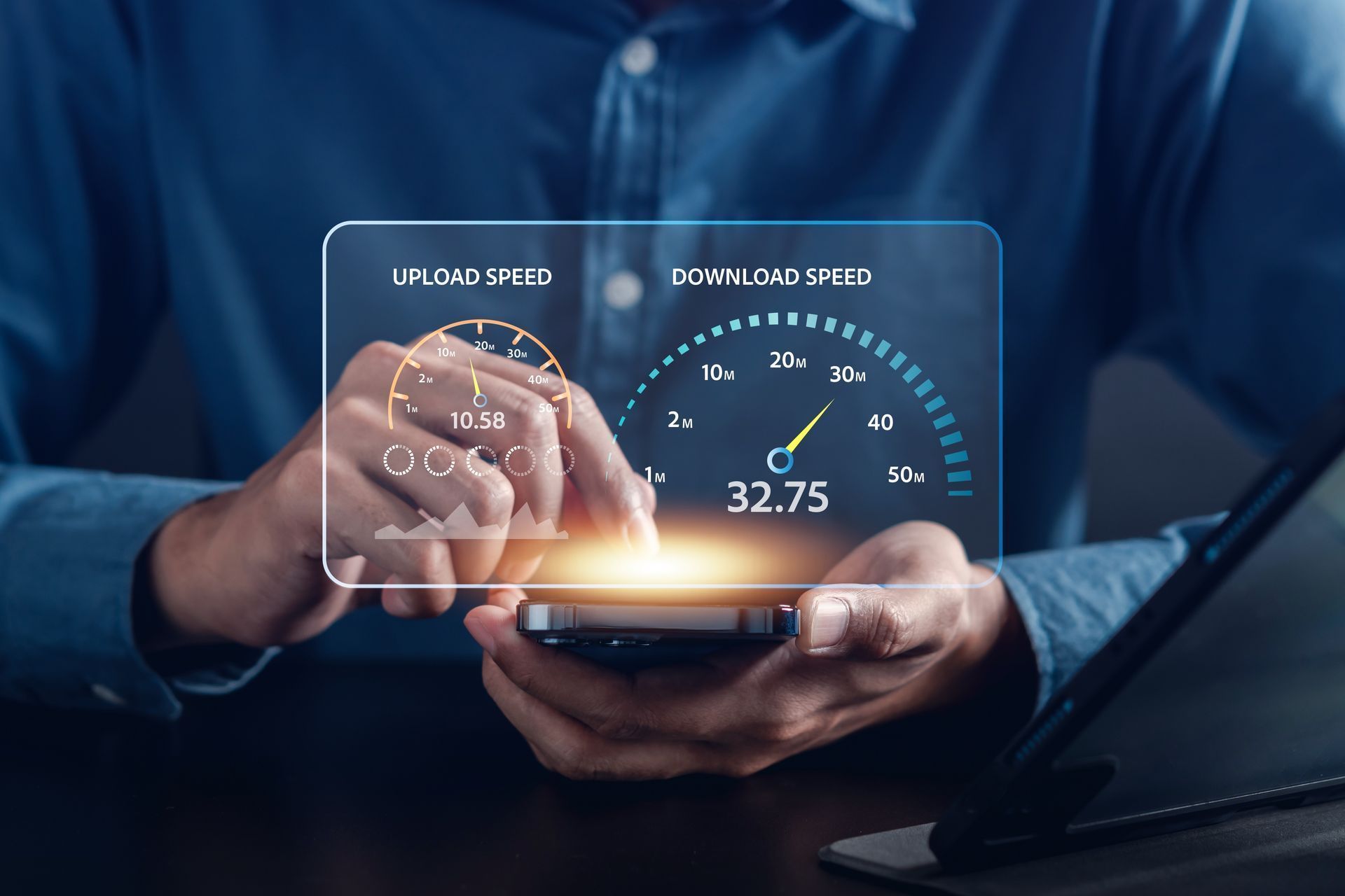 Person using phone, displaying upload and download speed, measuring internet performance.