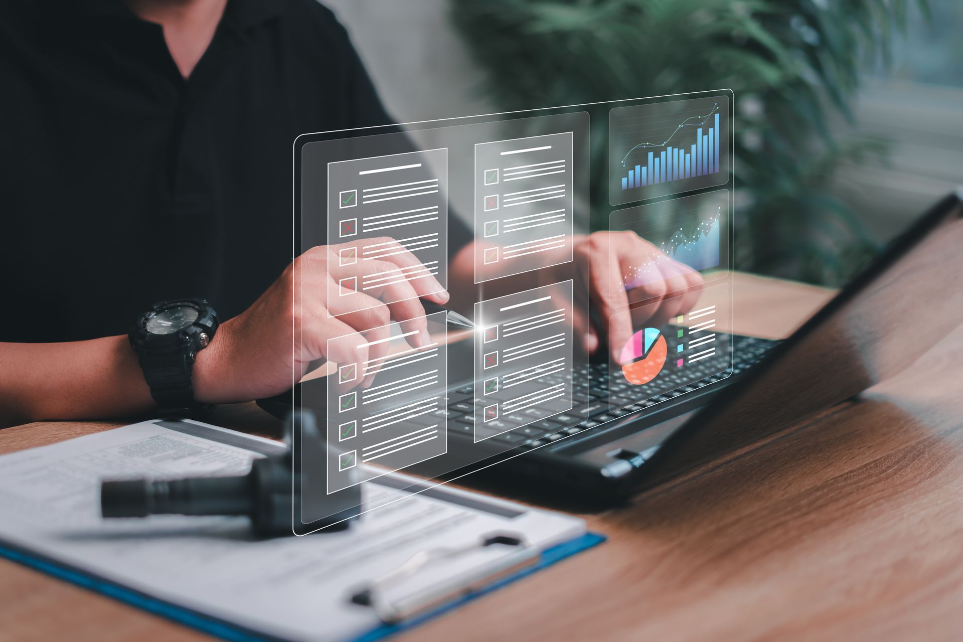 Person using laptop, interacting with digital checklists and data charts.