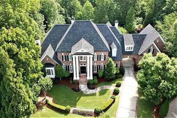 aerial view of red brick home