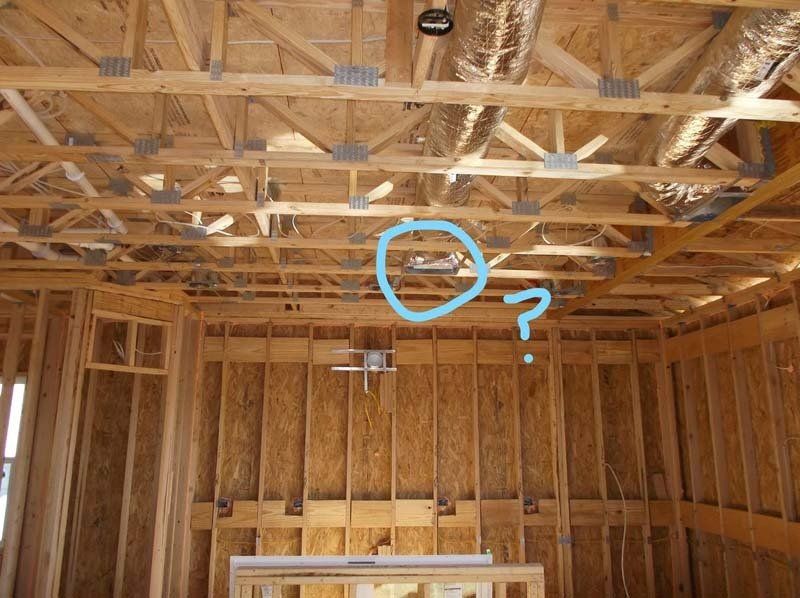 A question mark is drawn on the ceiling of a house under construction