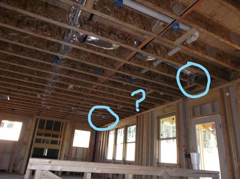 A question mark is drawn on the ceiling of a house under construction
