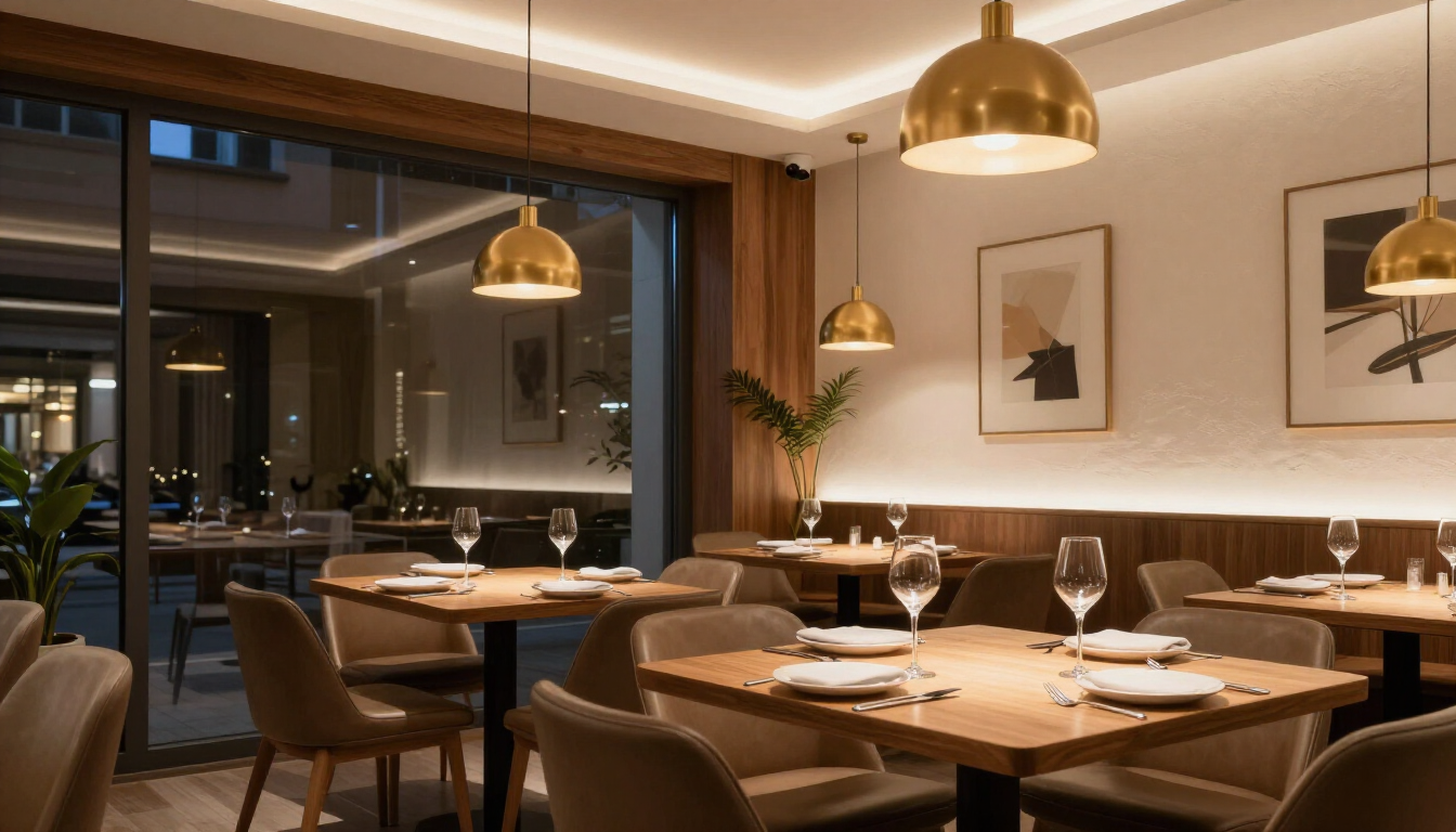 Elegant restaurant dining room with warmly lit tables, pendant lamps, and large windows at night