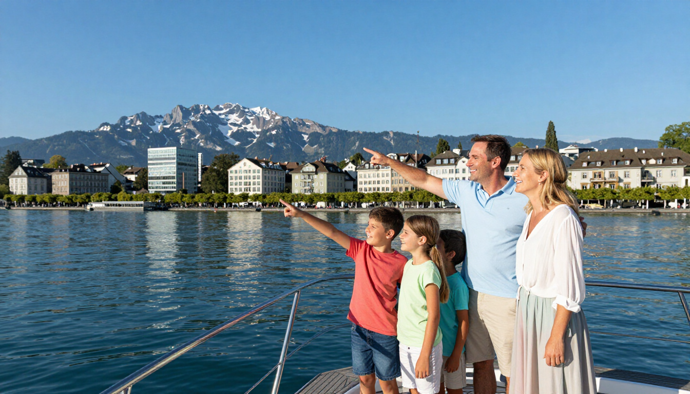 Family on a boat pointing across a lake toward mountains and waterfront buildings under a clear sky