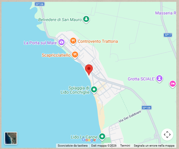 Vista cartografica di una città costiera con un segnaposto rosso in prossimità della spiaggia e l'indicazione dei punti di riferimento vicini.