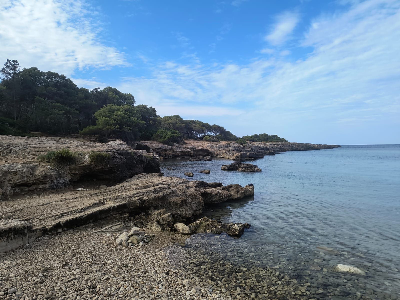 Costa rocciosa con acque calme e blu, basse scogliere e alberi verdi sotto un cielo parzialmente nuvoloso.