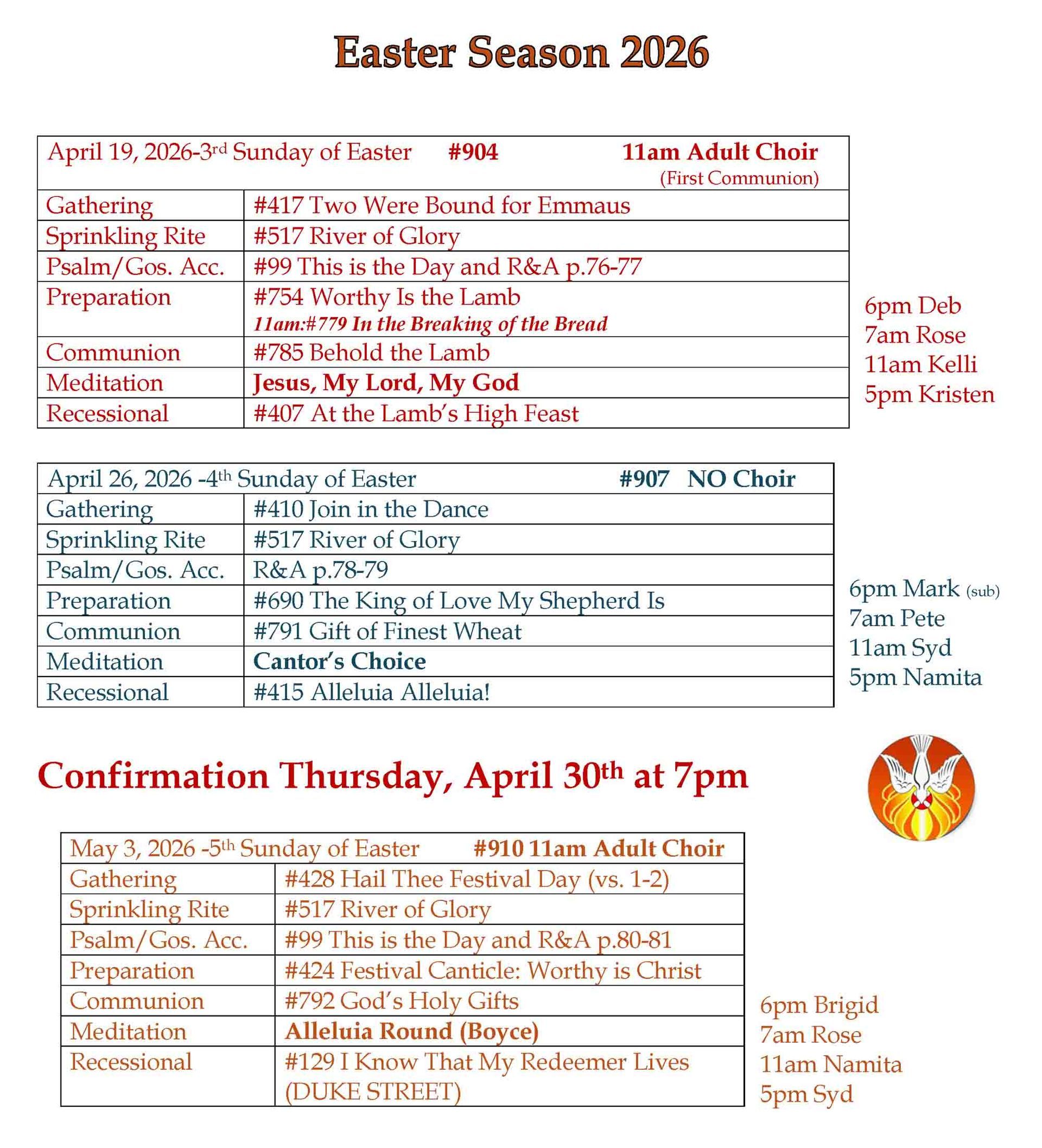 Lent 2026 Music Schedule Page 1