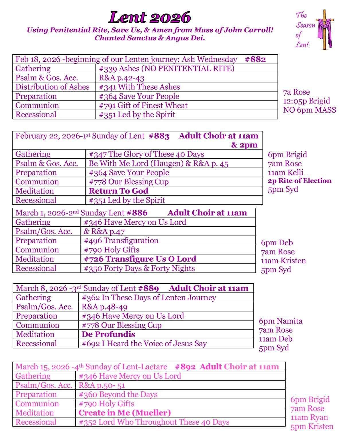 Lent 2026 Music Schedule Page 1