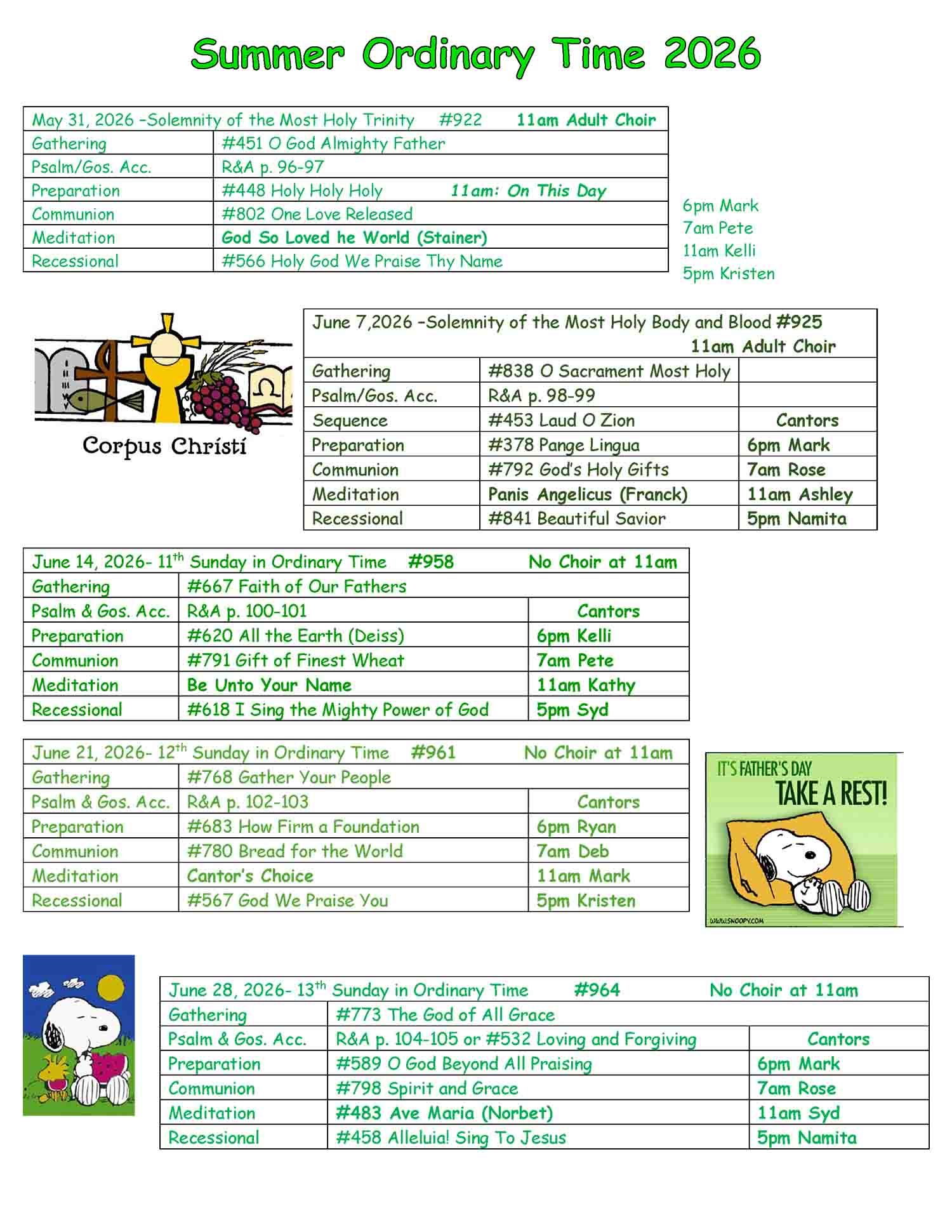 Summer Ordinary Time 2026 Music Schedule Page 1