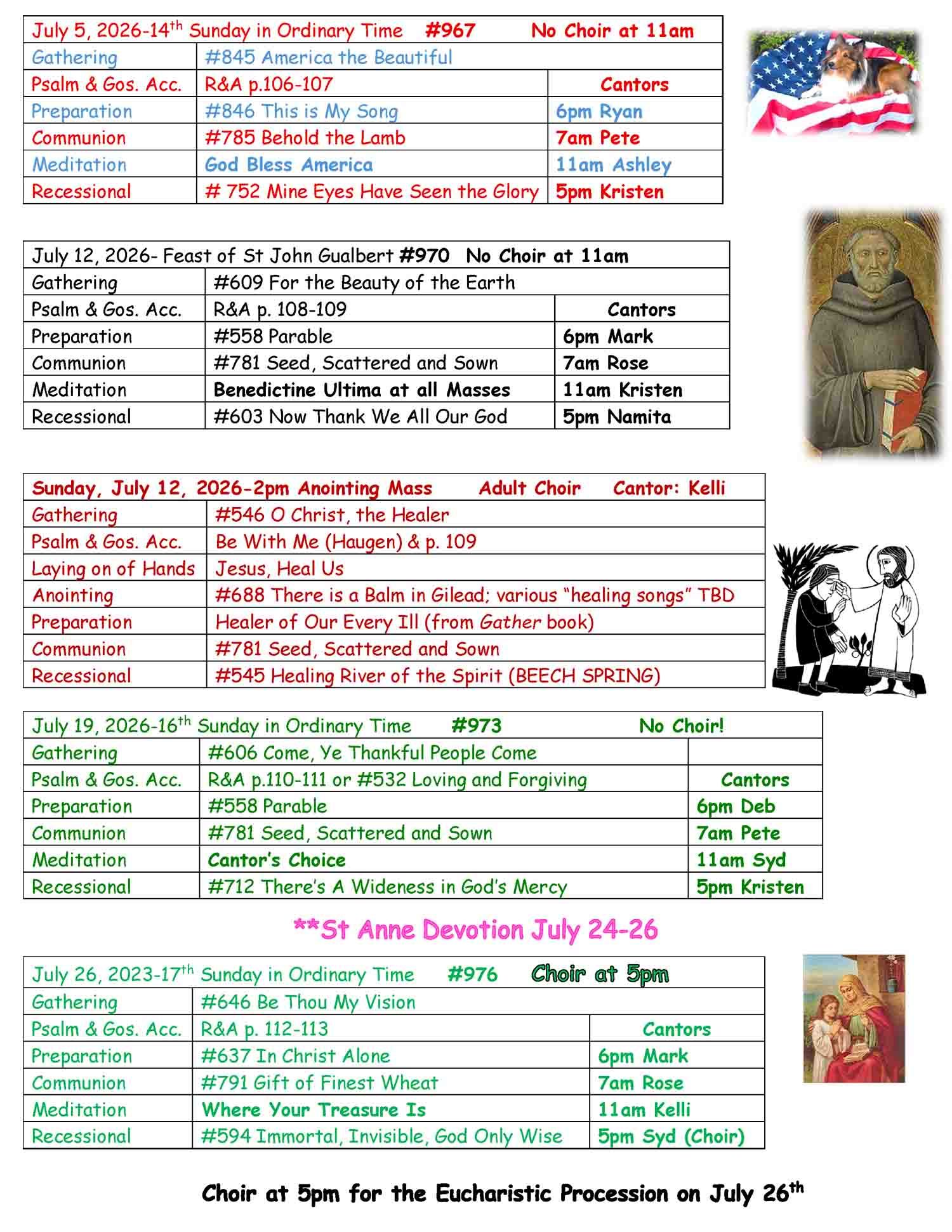 Summer Ordinary Time 2026 Music Schedule Page 2