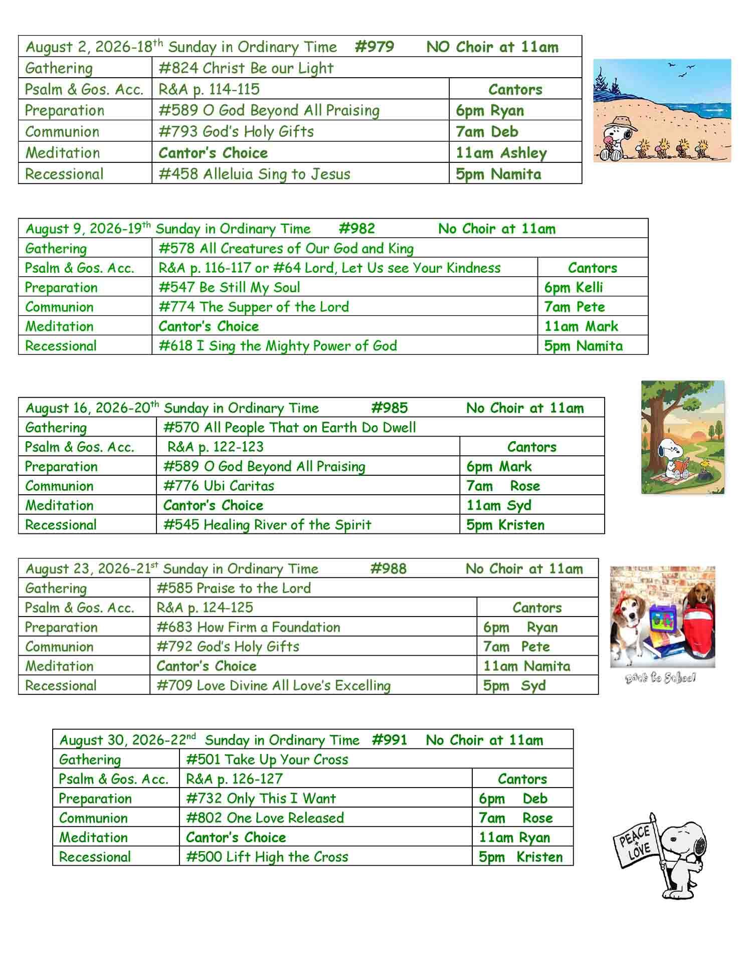 Summer Ordinary Time 2026 Music Schedule Page 3