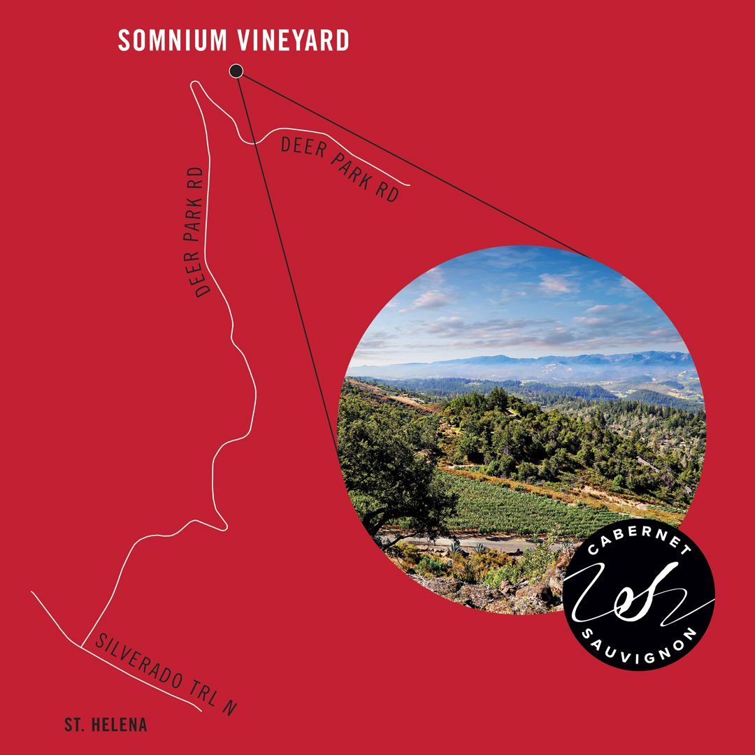 Map and landscape view of Somnium Vineyard with Cabernet Sauvignon logo on a red background.