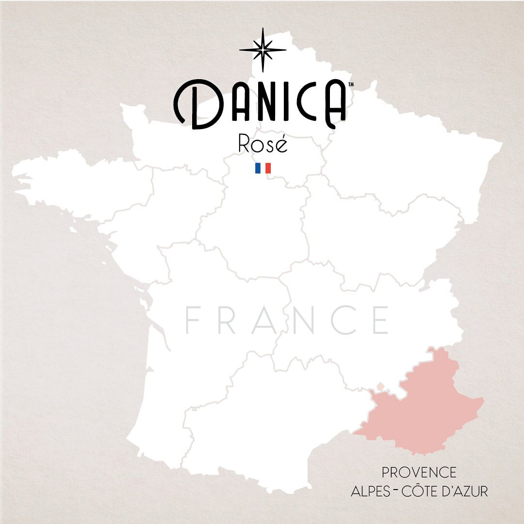 Map of France highlighting Provence-Alpes-Côte d'Azur, with a Danica Rosé label overlayed.