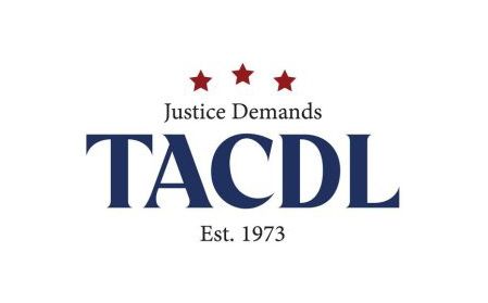 TACDL logo with dark blue text, three red stars, and the text "Justice Demands" and "Est. 1973".