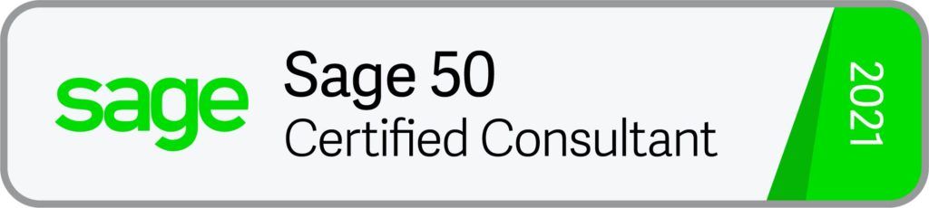 The logo for sage 50 certified consultant is green and white.